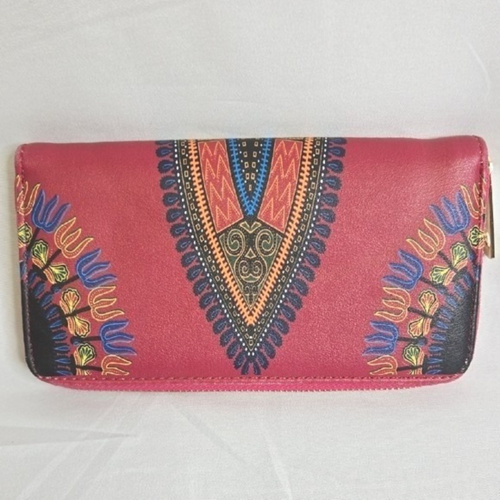 Dashiki African Print Zip Wallet, Gold Tone‎ Hardware